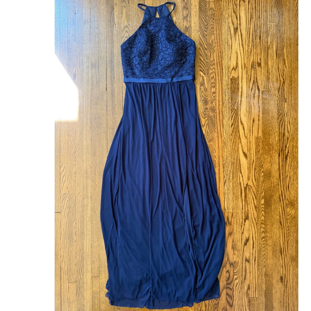 Davids Bridal Navy Blue Lace Halter Maxi Dress Bridesmaid Formal Gown Size 6